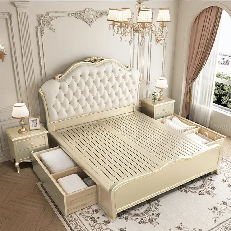 Europen Designer Modern Bed Base Wood Princess High Bedroom Double Bed Frames Full Size High Cama Grande Bedroom Furniture