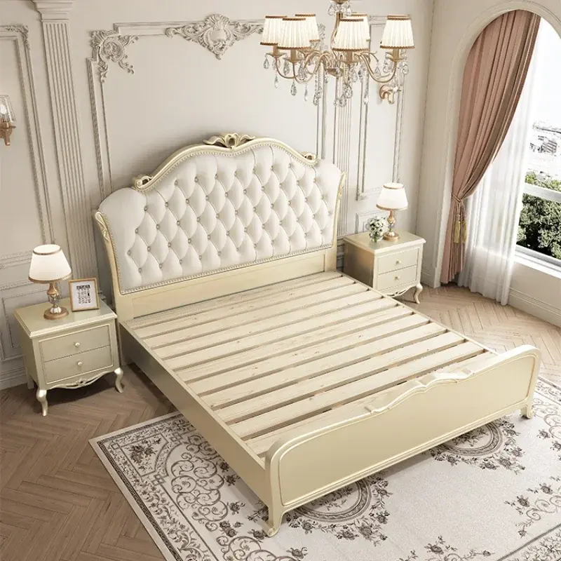 Europen Designer Modern Bed Base Wood Princess High Bedroom Double Bed Frames Full Size High Cama Grande Bedroom Furniture