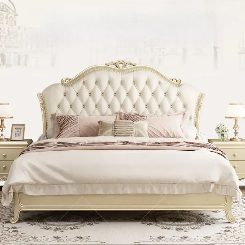 Europen Designer Modern Bed Base Wood Princess High Bedroom Double Bed Frames Full Size High Cama Grande Bedroom Furniture