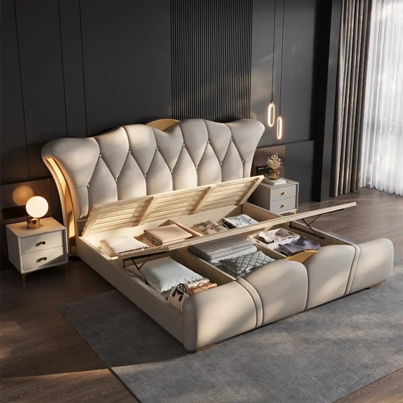 Europen Princess Frame Bed Headboard Designer Living room Double Bed King Size Storage High Cama Grande Bedroom Furniture