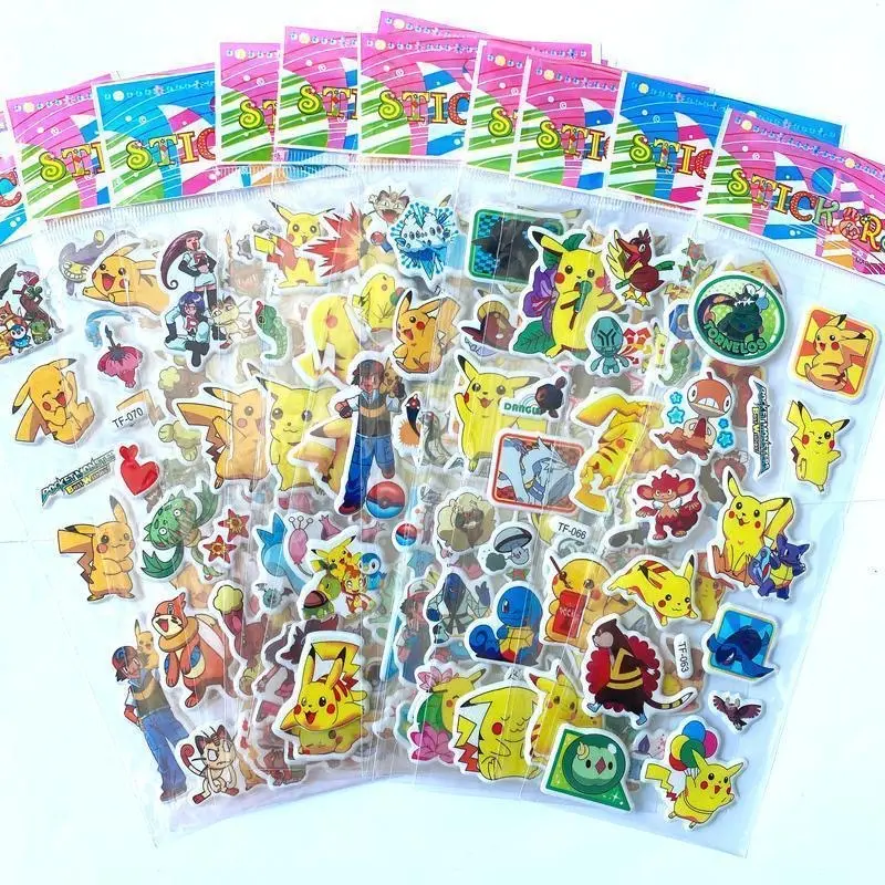 12PCS Pokemon Pikachu Stickers 3D Children's Anime Cartoon Bubble Paste Thicken The Reward Sticker Kids Toys Gift