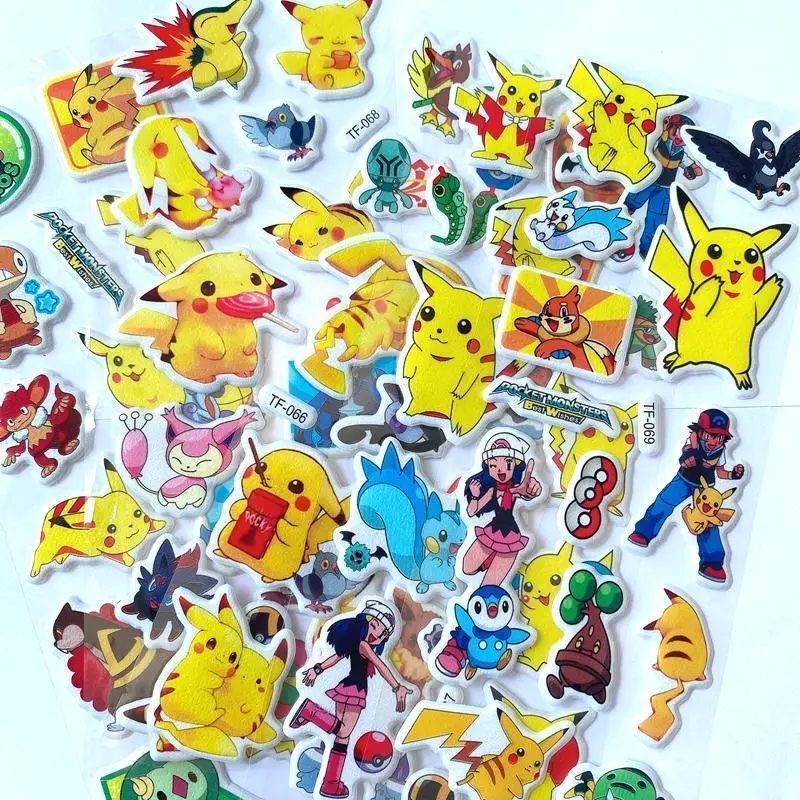12PCS Pokemon Pikachu Stickers 3D Children's Anime Cartoon Bubble Paste Thicken The Reward Sticker Kids Toys Gift