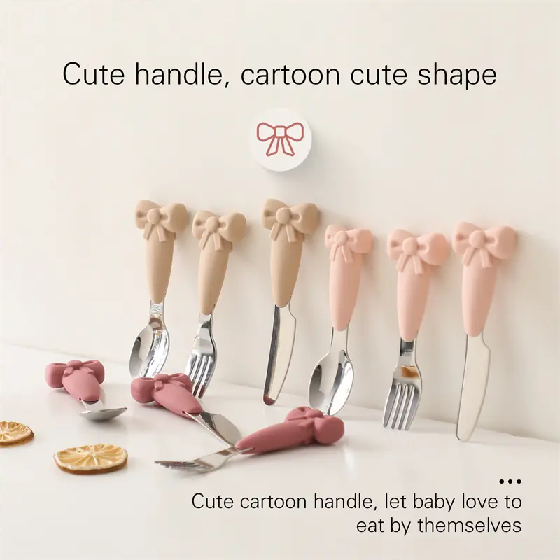 Baby Tableware Set BPA Free Silicone Bow Dish Tie Bowl Fork Food Plate Stainless Spoon Non-slip Tableware Newborn Feeding Tool