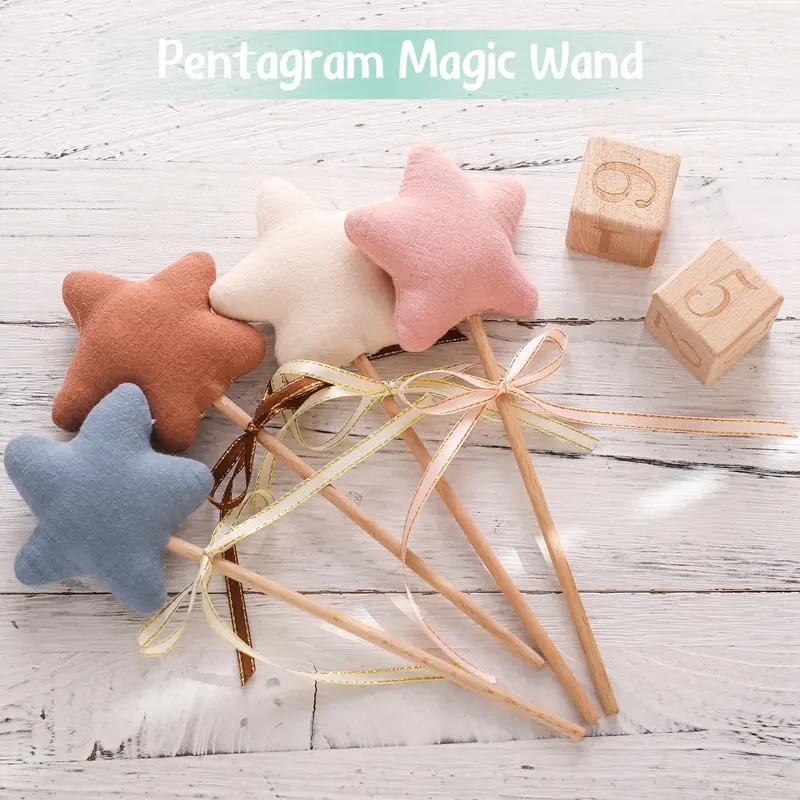 10Pc Baby Cotton Filled Stars Magic Wand Rattle Toys Beech Wooden Rattle Toys Newborn Party Photography Props Baby Music Gym Toy