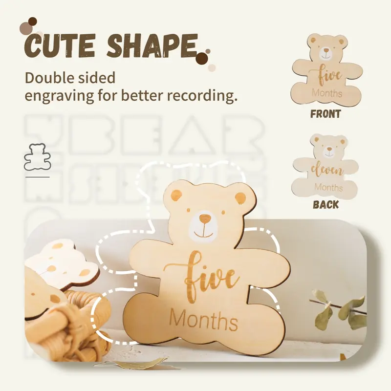 7pc/set Wooden Baby Milestone Cards 0-12 Monthly Newborn Cute Little Bear Shape Photography Props Accessories Cards Infant Gifts