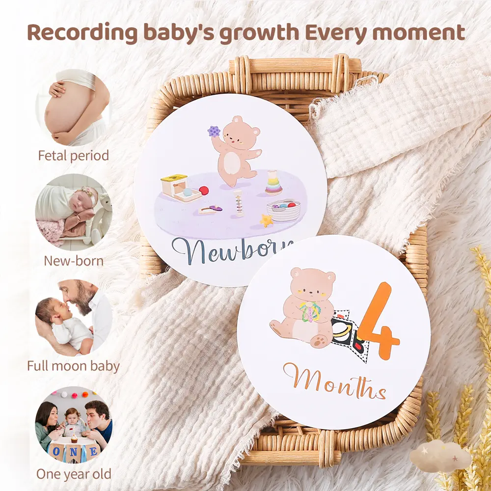 Baby Milestone Cards Paper Cartoon Little Bear 0-12 Months Two-Sided Photography Accessories Newborn Monthly Commemorative Gift