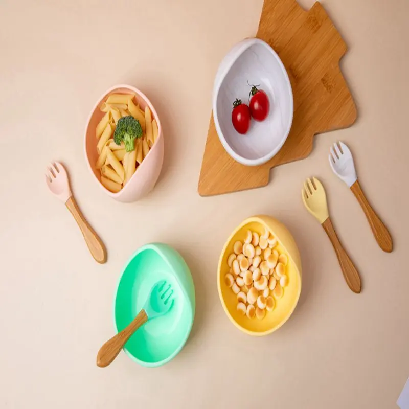 Children Food Grade Silicone Tableware Set Infait Wooden Handle Silicone Bowl Spoon Fork Cutlery Baby Silicone Feeding Tableware