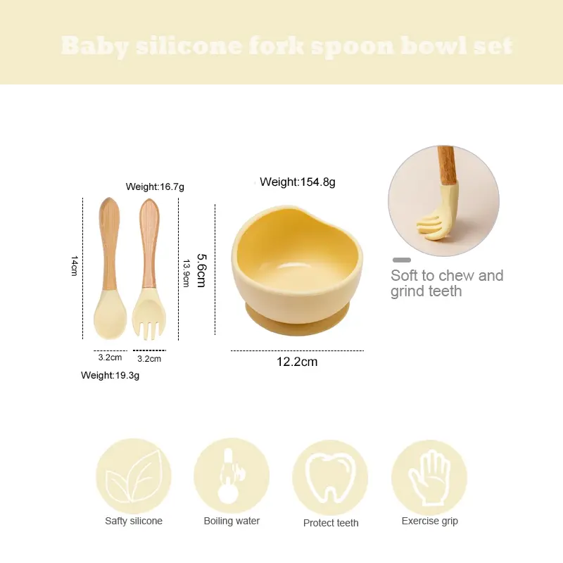Children Food Grade Silicone Tableware Set Infait Wooden Handle Silicone Bowl Spoon Fork Cutlery Baby Silicone Feeding Tableware
