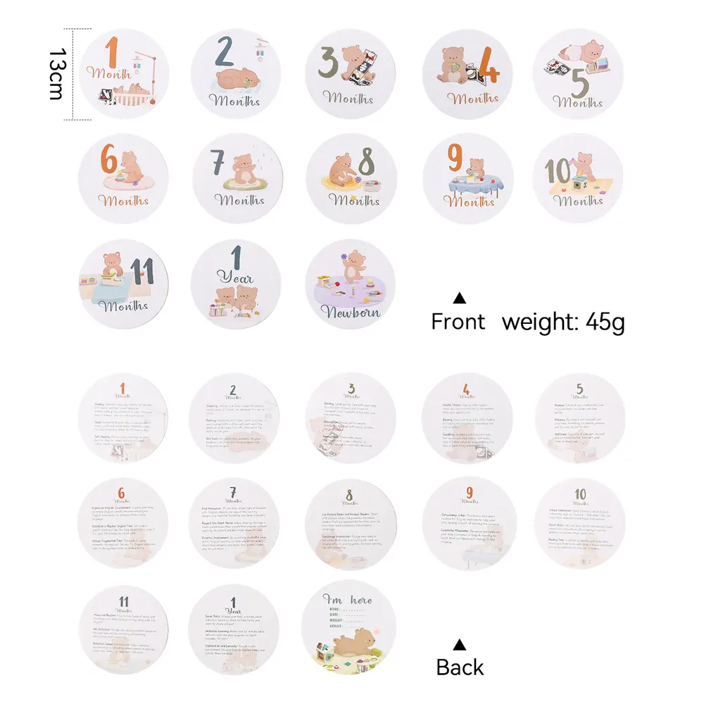 Baby Milestone Cards Paper Cartoon Little Bear 0-12 Months Two-Sided Photography Accessories Newborn Monthly Commemorative Gift