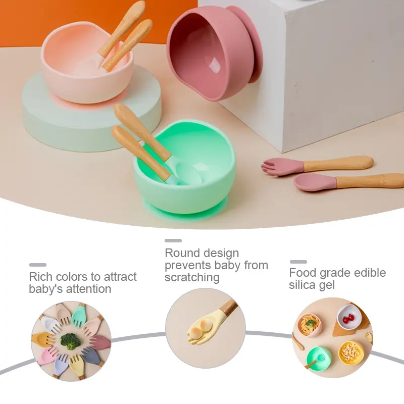 Children Food Grade Silicone Tableware Set Infait Wooden Handle Silicone Bowl Spoon Fork Cutlery Baby Silicone Feeding Tableware