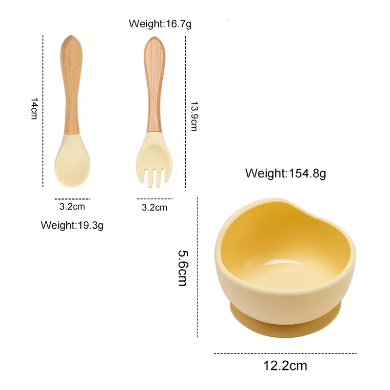 Children Food Grade Silicone Tableware Set Infait Wooden Handle Silicone Bowl Spoon Fork Cutlery Baby Silicone Feeding Tableware