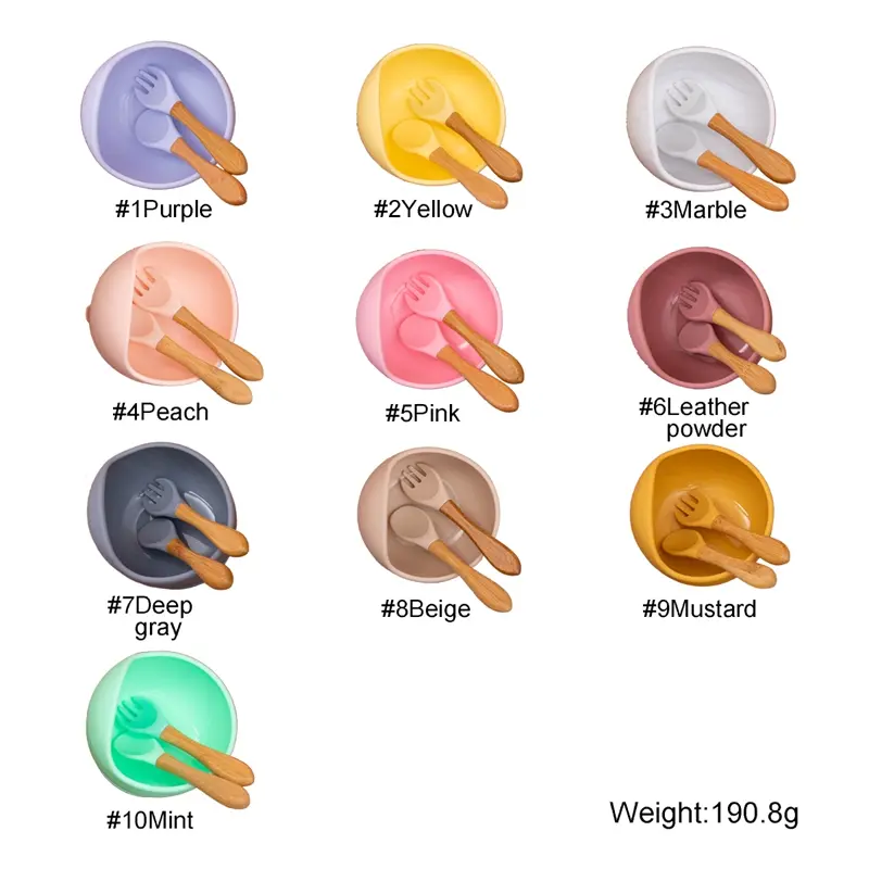 Children Food Grade Silicone Tableware Set Infait Wooden Handle Silicone Bowl Spoon Fork Cutlery Baby Silicone Feeding Tableware