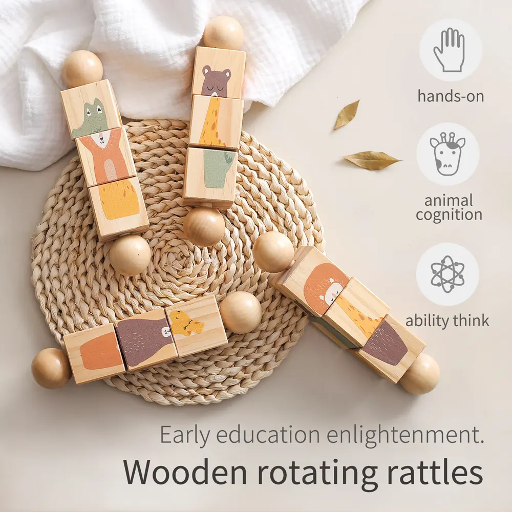 Wooden Hand Bell Toy Montessori Kid Develop Hand-on Ability Toy Animal Puzzle Mobile Musical Rattle Educational Toy Newborn Gift
