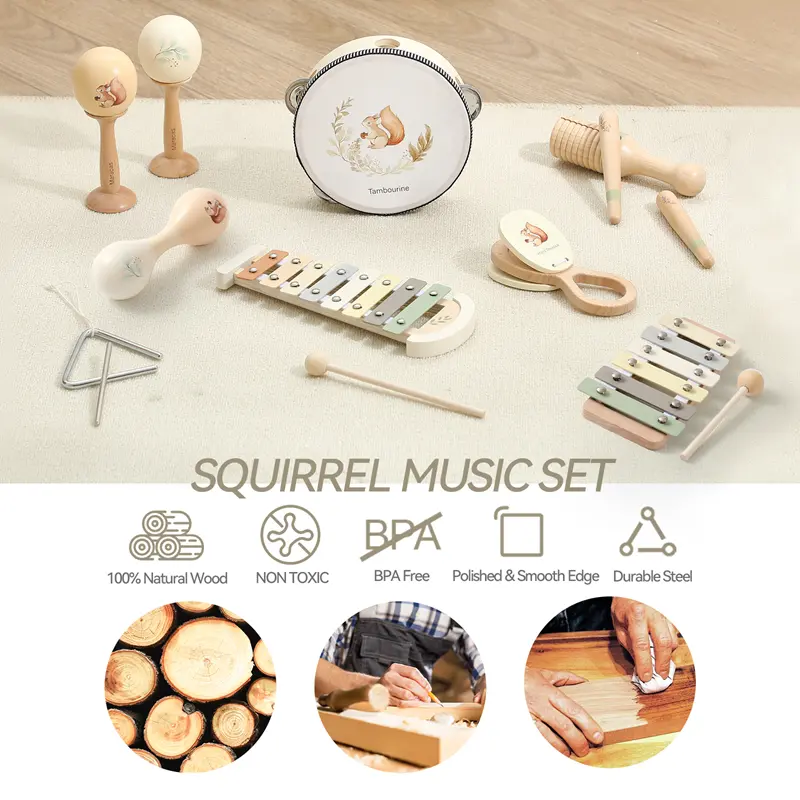 Baby 1-3 Year Montessori Musical Instruments Wooden Musical  Interactive Game Newborn Cartoon Squirrel Pattern Educational Gifts