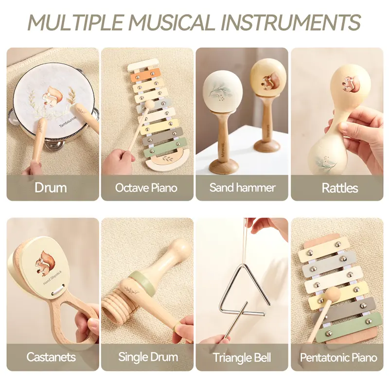 Baby 1-3 Year Montessori Musical Instruments Wooden Musical  Interactive Game Newborn Cartoon Squirrel Pattern Educational Gifts