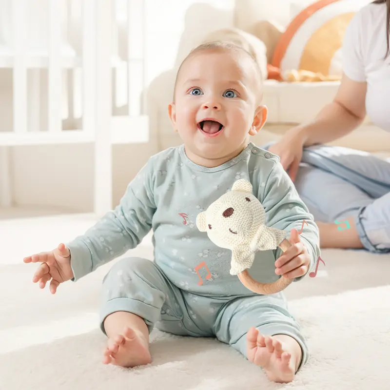 Baby Crochet Animal Rattle Newborn Cartoon Elephant Bear Wooden Ring Mobile Sooth Rattle Toy Montessori 0-12 Months Birth Gift