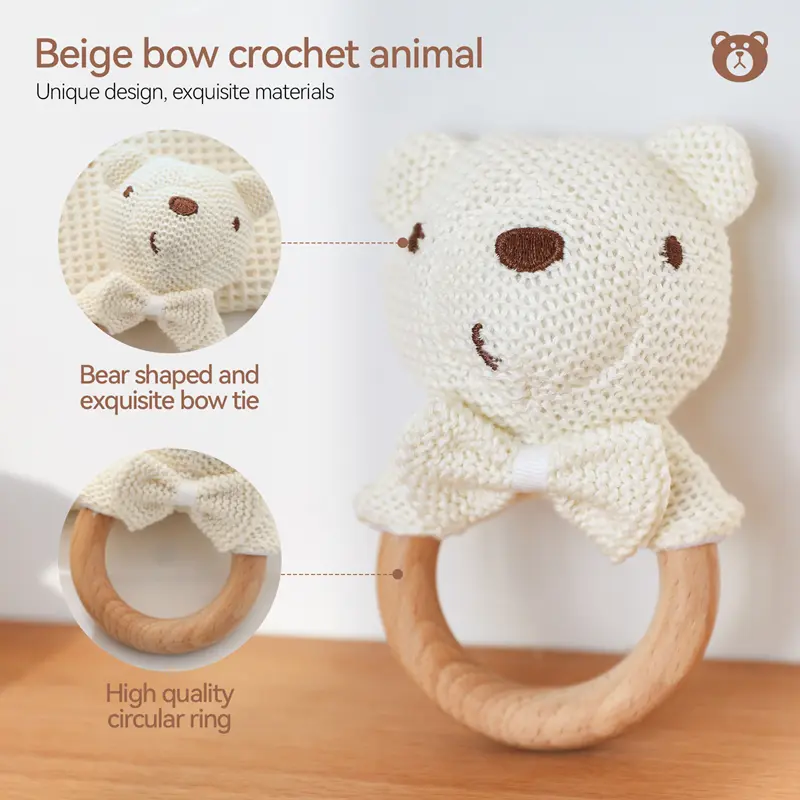 Baby Crochet Animal Rattle Newborn Cartoon Elephant Bear Wooden Ring Mobile Sooth Rattle Toy Montessori 0-12 Months Birth Gift