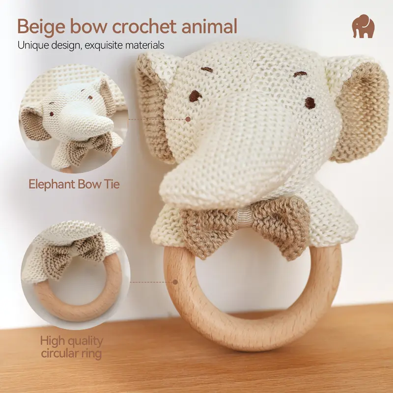 Baby Crochet Animal Rattle Newborn Cartoon Elephant Bear Wooden Ring Mobile Sooth Rattle Toy Montessori 0-12 Months Birth Gift
