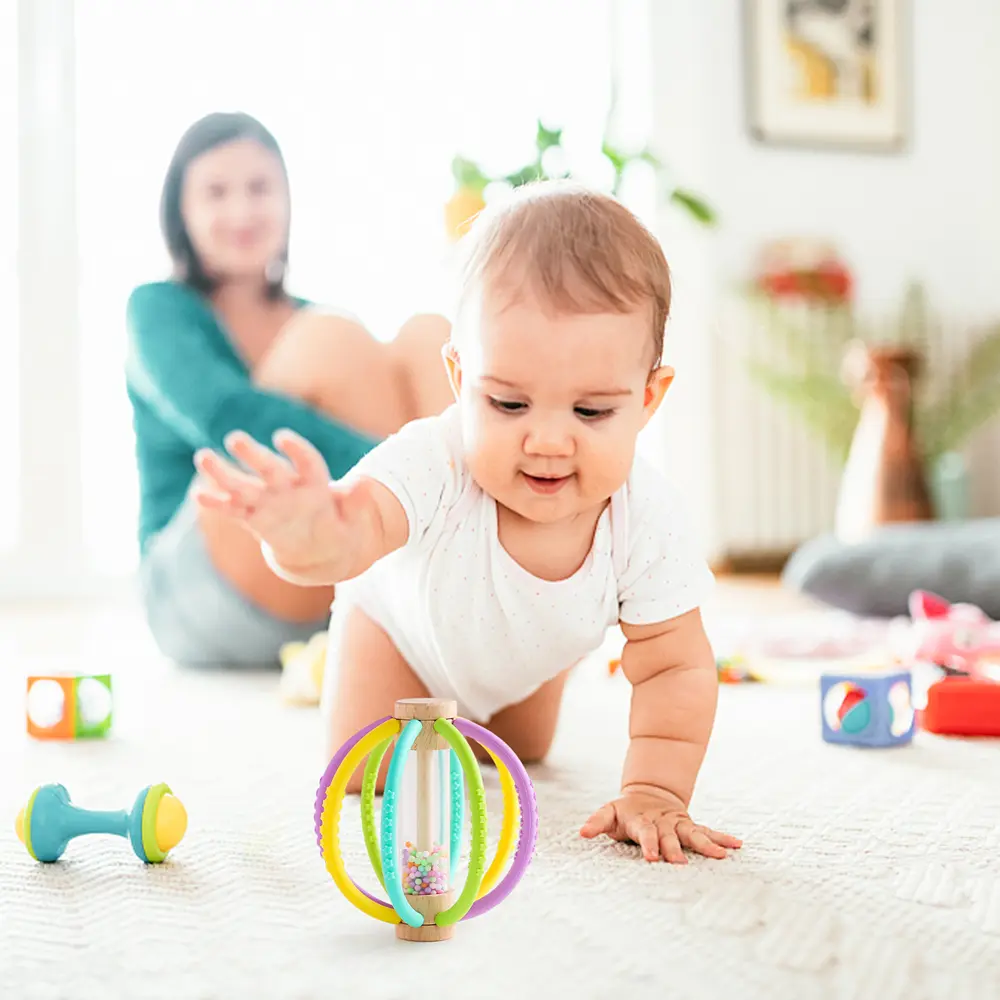 Rattle Toy Wooden Rain Drum With Silicone Silicone Teeth Grinding Rod Baby Toy Multi-Function Newborn Sensory Touch Baby Gift