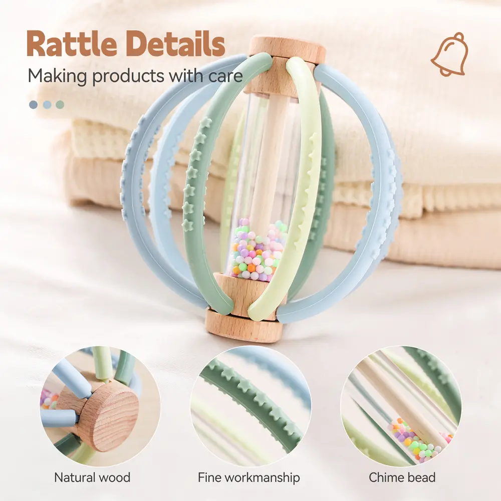 Rattle Toy Wooden Rain Drum With Silicone Silicone Teeth Grinding Rod Baby Toy Multi-Function Newborn Sensory Touch Baby Gift