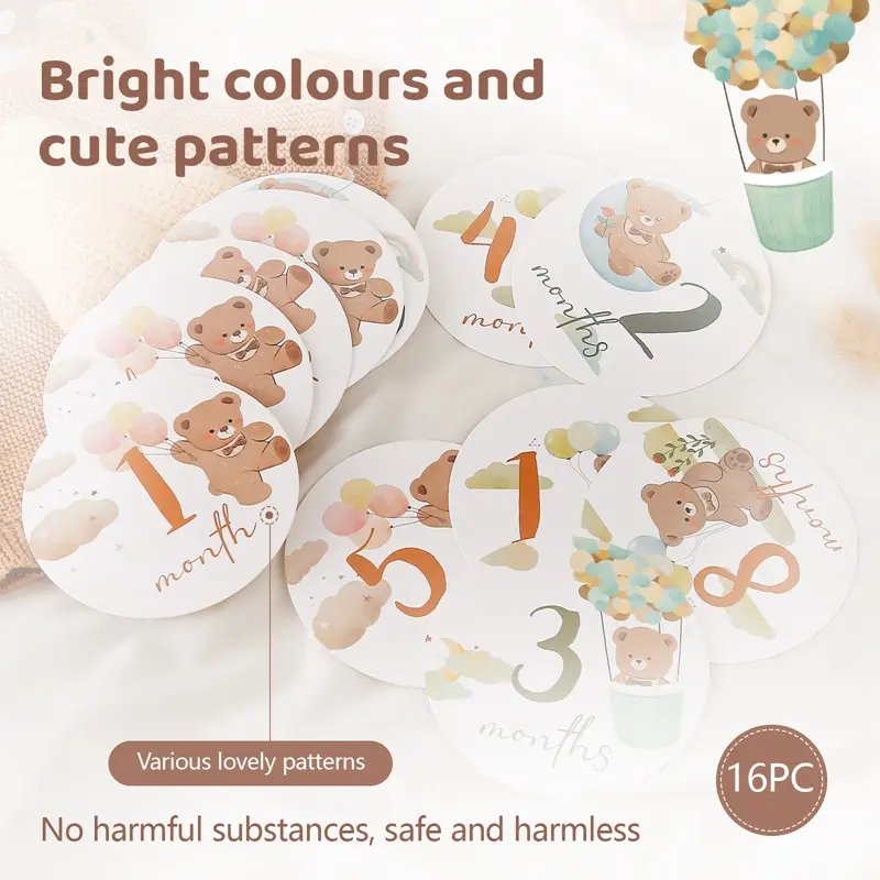 16Pcs Baby Milestone Cards 0-12 Months Newborns Paper Cartoon Little Bear Photography Accessories Infant Grow Commemorate Gifts