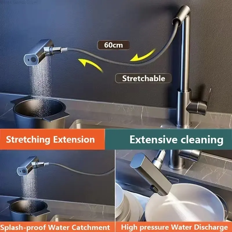 Grey/Silver Pull Out Kitchen Faucet, Flexible Hot and Cold Water Kitchen Sink Mixer Faucet Deck Mounted with Stream Shower Mode