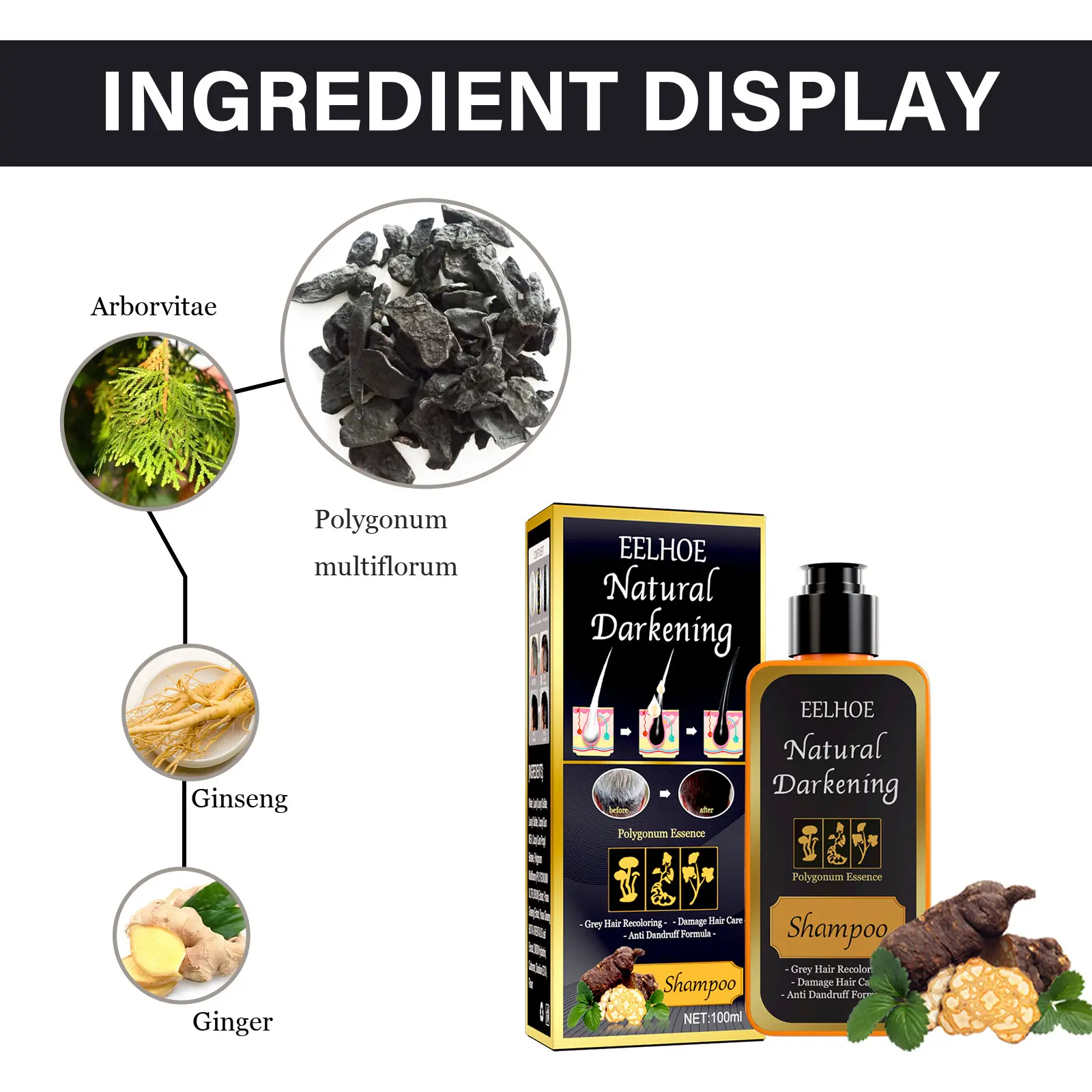 Hair Darkening Shampoo Repair Gray White Natural Color Dye Anti Scalp Itchy Care Dandruff Removal Polygonum Black Hair Shampoo