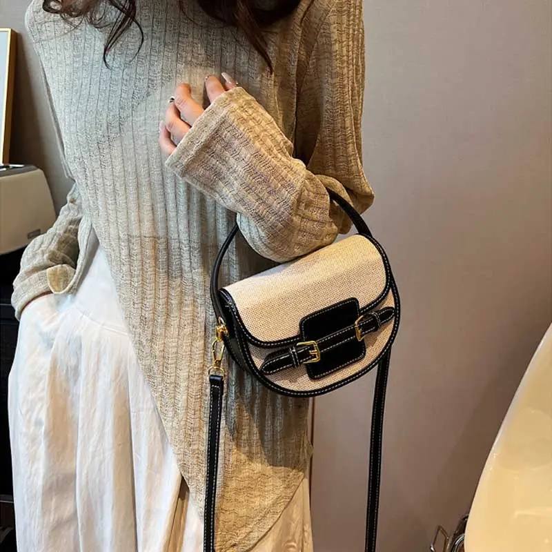 New Design Women Canvas Small Shoulder Bag Fashion Purses Retro PU Leather Female Saddle Bags Laides Cross Body Bags