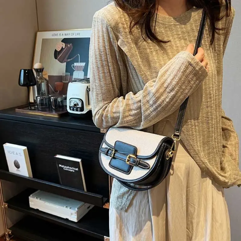 New Design Women Canvas Small Shoulder Bag Fashion Purses Retro PU Leather Female Saddle Bags Laides Cross Body Bags