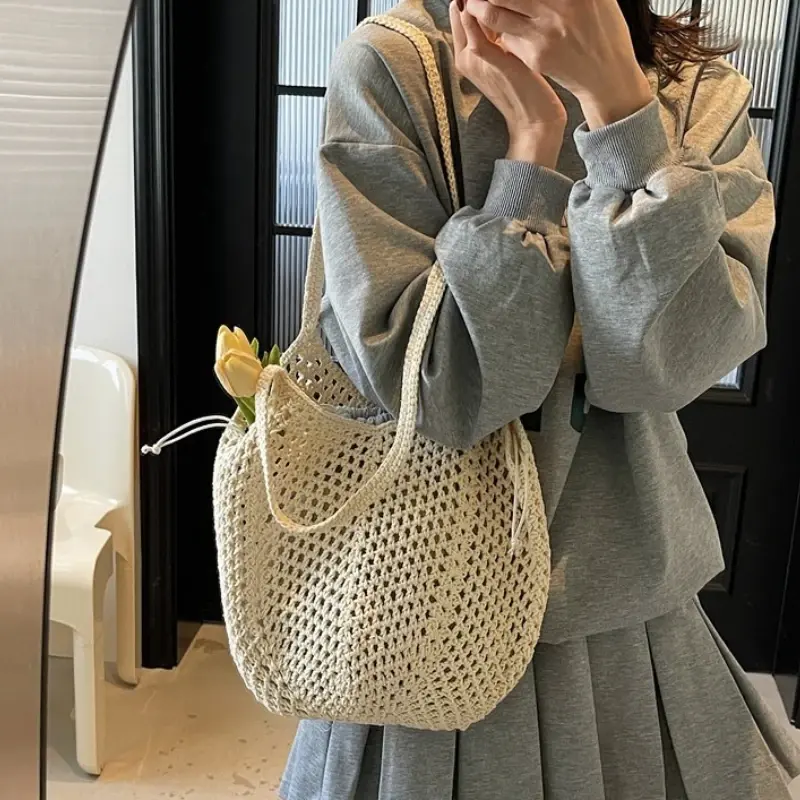 Chic Simple Lady Large Capacity Shoulder Bags Shopping Beach Bag for Women Casual Straw Woven Tote Bag Female Handbag Purses