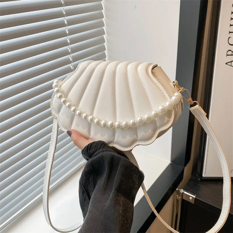 High Quality Shell women Shoulder Bag Minimalist with Pearls Design Crossbody Bag Vintage PU Leather Handbag for Women Girls