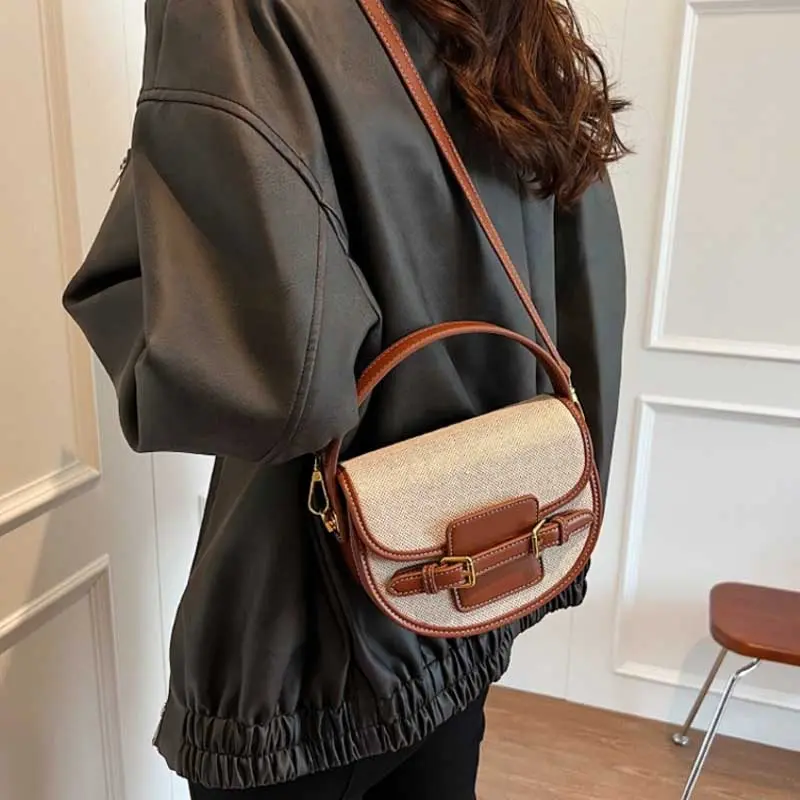 New Design Women Canvas Small Shoulder Bag Fashion Purses Retro PU Leather Female Saddle Bags Laides Cross Body Bags