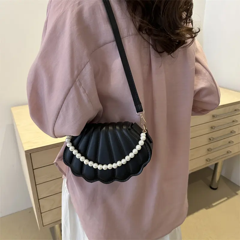 High Quality Shell women Shoulder Bag Minimalist with Pearls Design Crossbody Bag Vintage PU Leather Handbag for Women Girls