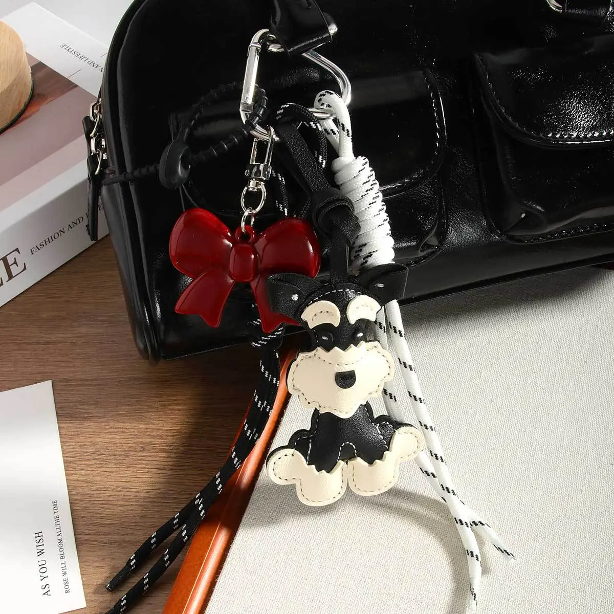 Cute PU Leather Schnauzer Keychain Cute Puppy Dog PU Leather Hanger Animal Car Keyring Bag Pendant Women Creative Bag Accessory