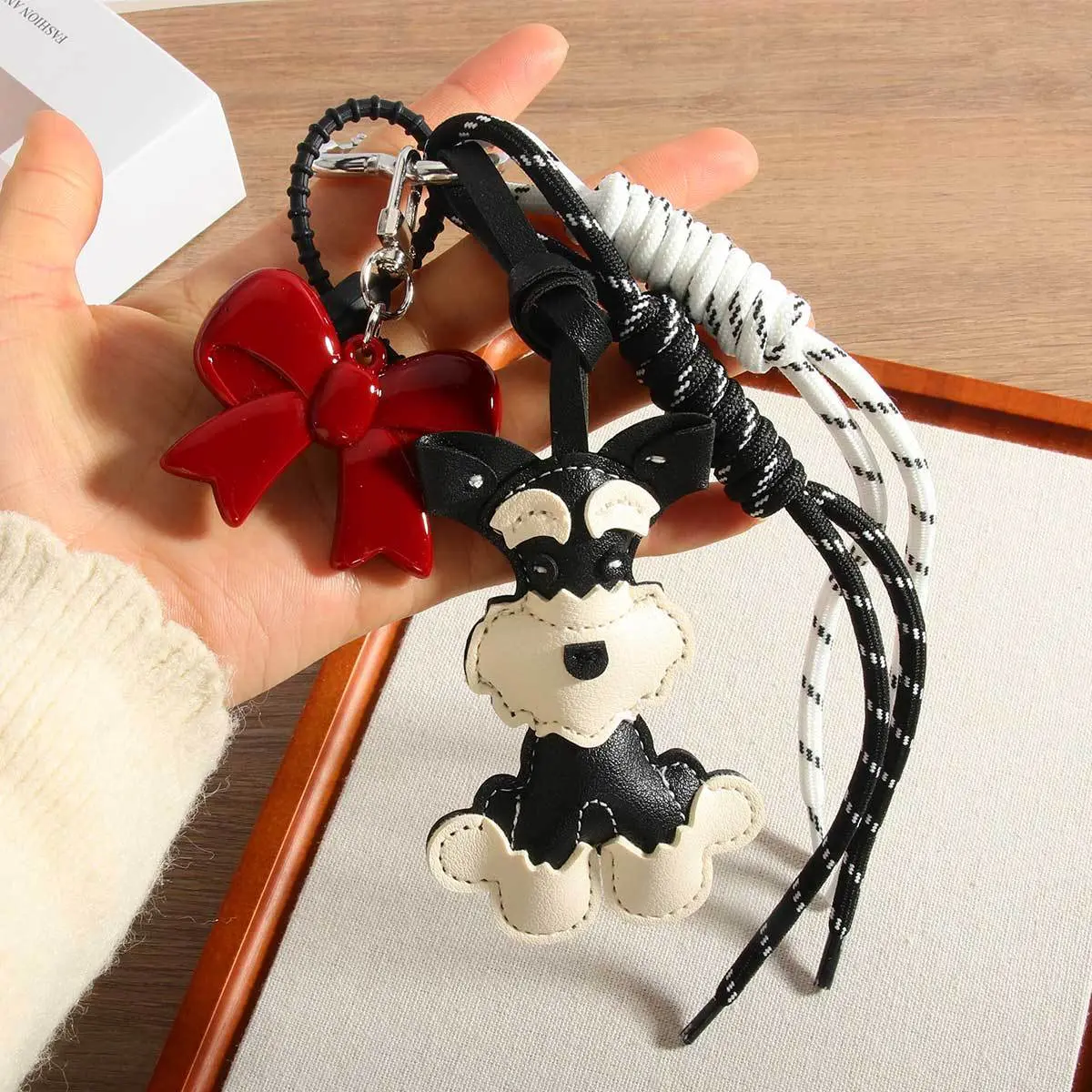 Cute PU Leather Schnauzer Keychain Cute Puppy Dog PU Leather Hanger Animal Car Keyring Bag Pendant Women Creative Bag Accessory