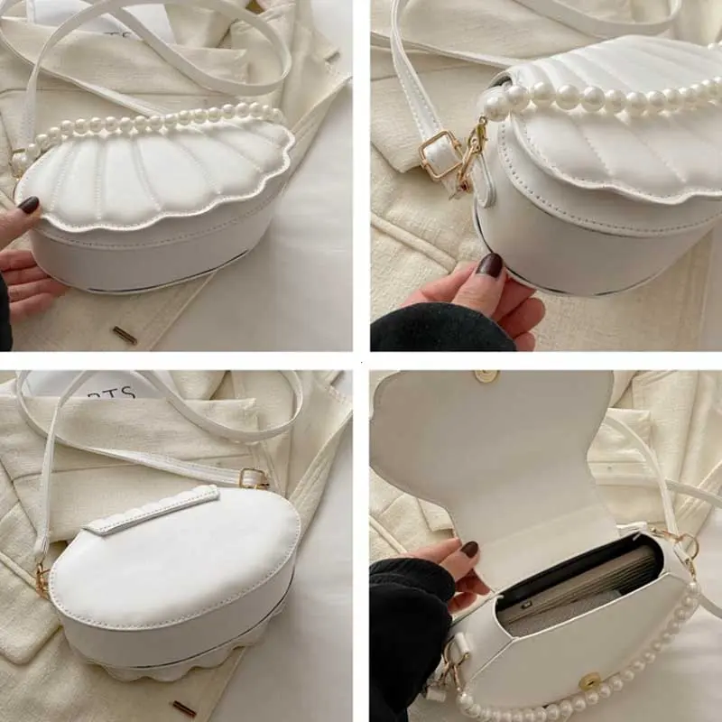 High Quality Shell women Shoulder Bag Minimalist with Pearls Design Crossbody Bag Vintage PU Leather Handbag for Women Girls
