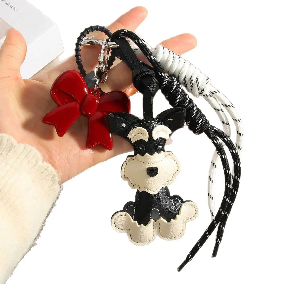 Cute PU Leather Schnauzer Keychain Cute Puppy Dog PU Leather Hanger Animal Car Keyring Bag Pendant Women Creative Bag Accessory