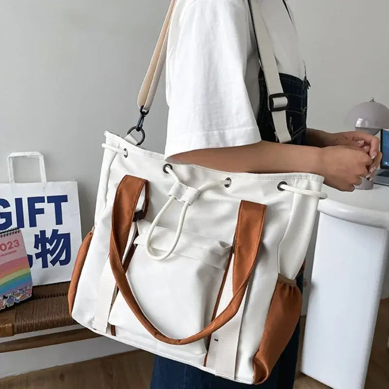 Splash Proof Nylon Fabric Shoulder Crossbody Bags for Women Multi-pocket Drawstring Tote Bag Large Capacity Student Book Handbag