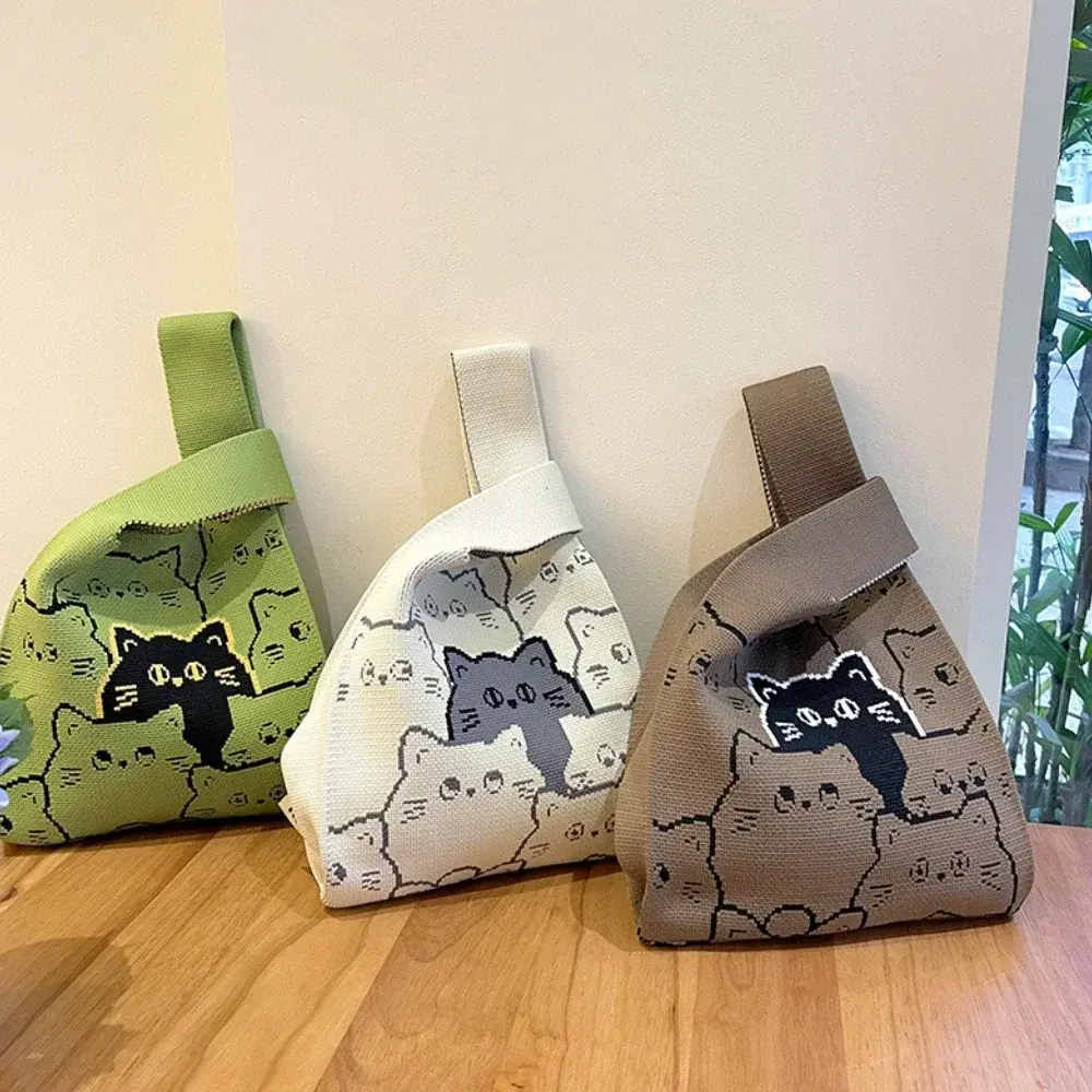Cat Knit Handbag Casual Handmade Knit Shopping Bags High-capacity Knot Wrist Bag Girls Tote Bags for Women Bolsa Feminina 2024