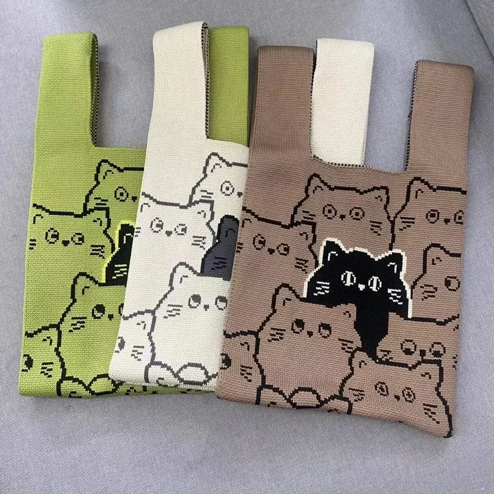 Cat Knit Handbag Casual Handmade Knit Shopping Bags High-capacity Knot Wrist Bag Girls Tote Bags for Women Bolsa Feminina 2024