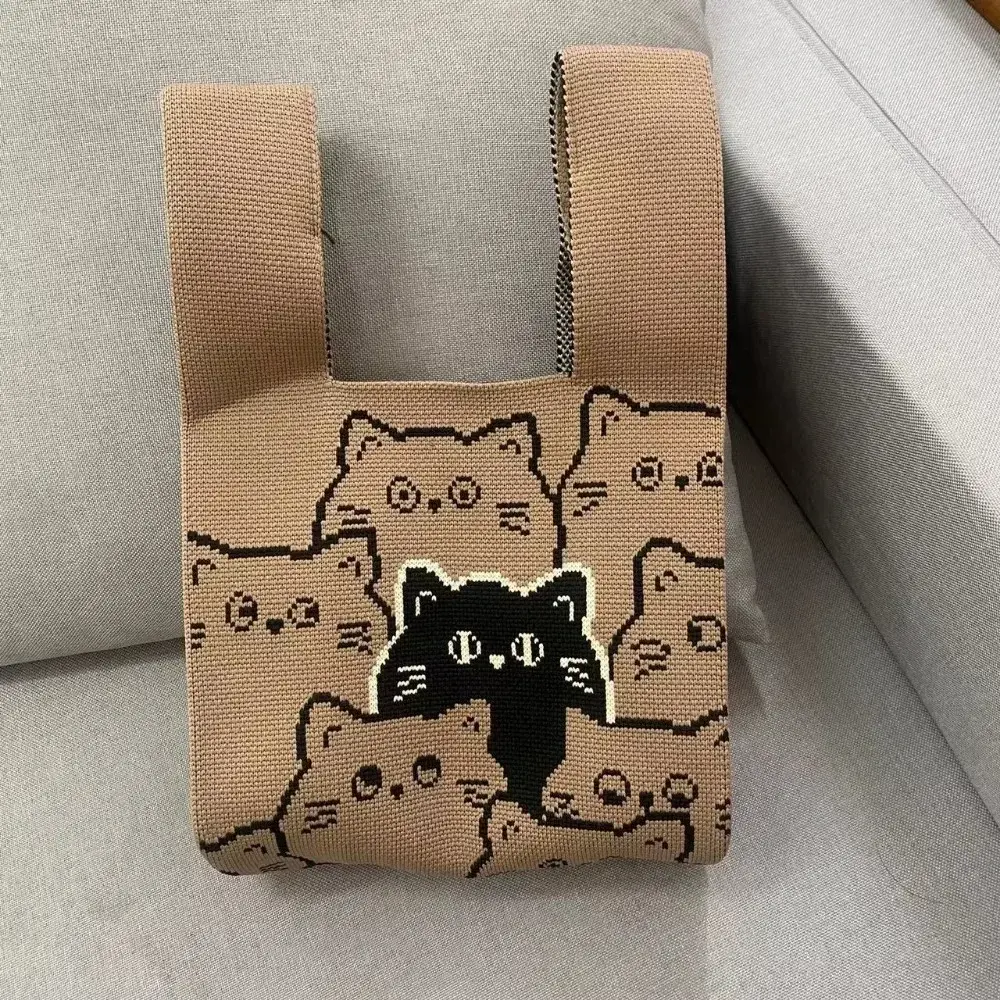 Cat Knit Handbag Casual Handmade Knit Shopping Bags High-capacity Knot Wrist Bag Girls Tote Bags for Women Bolsa Feminina 2024