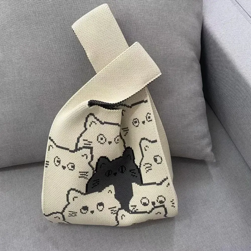Cat Knit Handbag Casual Handmade Knit Shopping Bags High-capacity Knot Wrist Bag Girls Tote Bags for Women Bolsa Feminina 2024