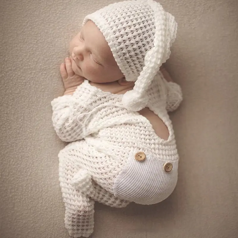M76C 2 Pcs Newborn Photography Props Crochet Outfit Baby Romper Hat Set Infants Photo Jumpsuit Bodysuit