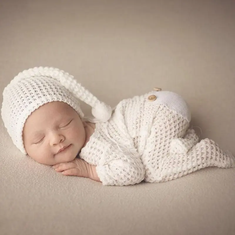 M76C 2 Pcs Newborn Photography Props Crochet Outfit Baby Romper Hat Set Infants Photo Jumpsuit Bodysuit