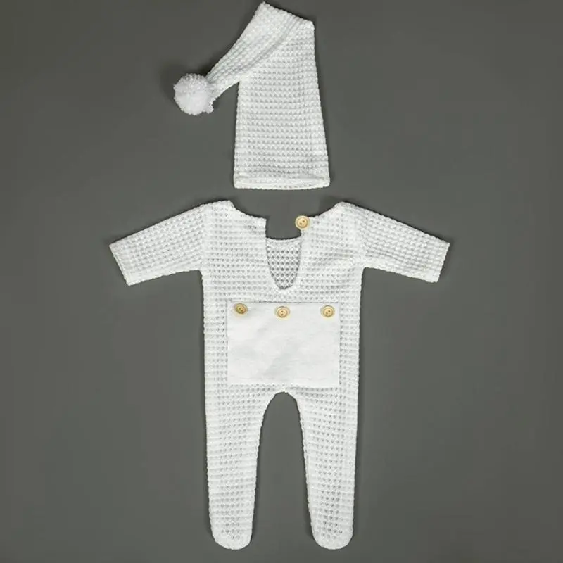 M76C 2 Pcs Newborn Photography Props Crochet Outfit Baby Romper Hat Set Infants Photo Jumpsuit Bodysuit