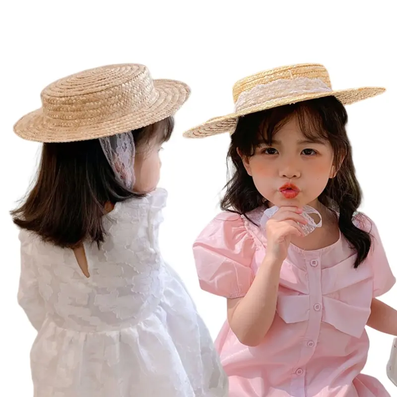 Children Baby Girl Sunhats Small Lace Up Flat Top Outdoor Beach Holiday Summer Plaited Straw Hat Cap for Kids Decorative Props