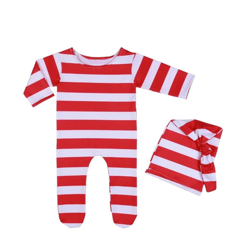 Newborn Photography Outfit Red White Stripe Bodysuit Romper Hat Boy Christmas Elf Outfit Newborn Knot Hat Pajama Set