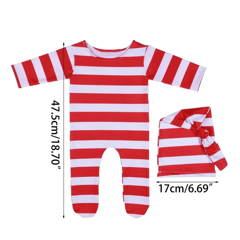 Newborn Photography Outfit Red White Stripe Bodysuit Romper Hat Boy Christmas Elf Outfit Newborn Knot Hat Pajama Set