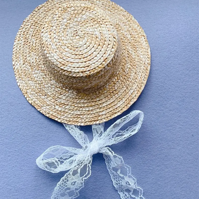 Children Baby Girl Sunhats Small Lace Up Flat Top Outdoor Beach Holiday Summer Plaited Straw Hat Cap for Kids Decorative Props