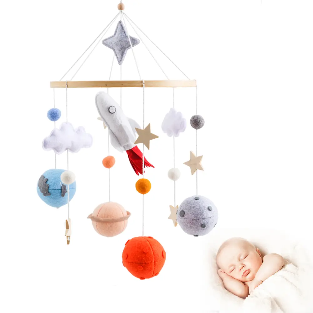 Wooden Baby Crib Bell Soothing Baby Movable Ringing Toy Space Rocket Hanging Crib Bracket Felt Ball Bed Bell Newborn Toy Gift